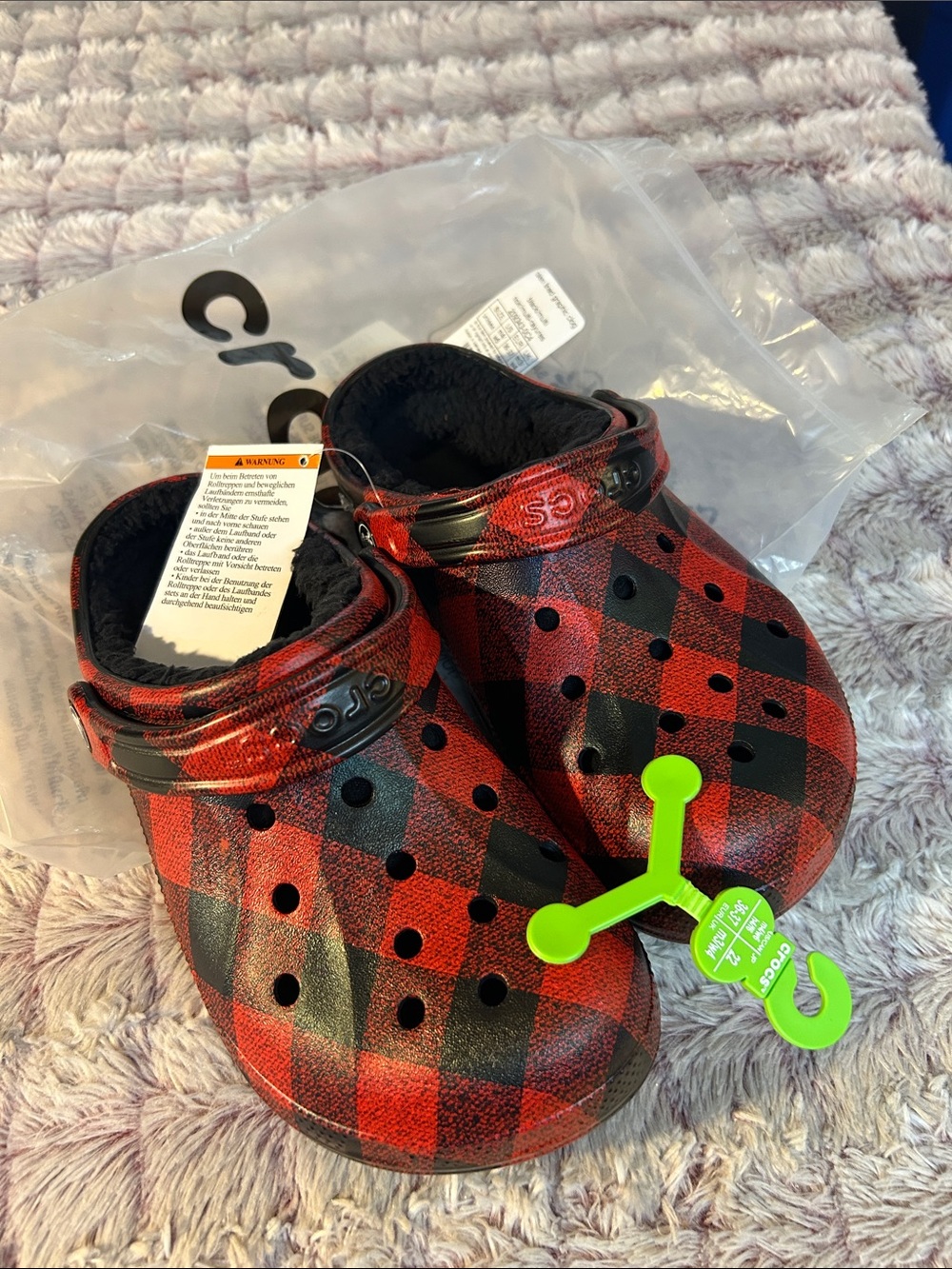 CROCS Red and Black Buffalo Plaid Clog with Black Strap women 6 men 4